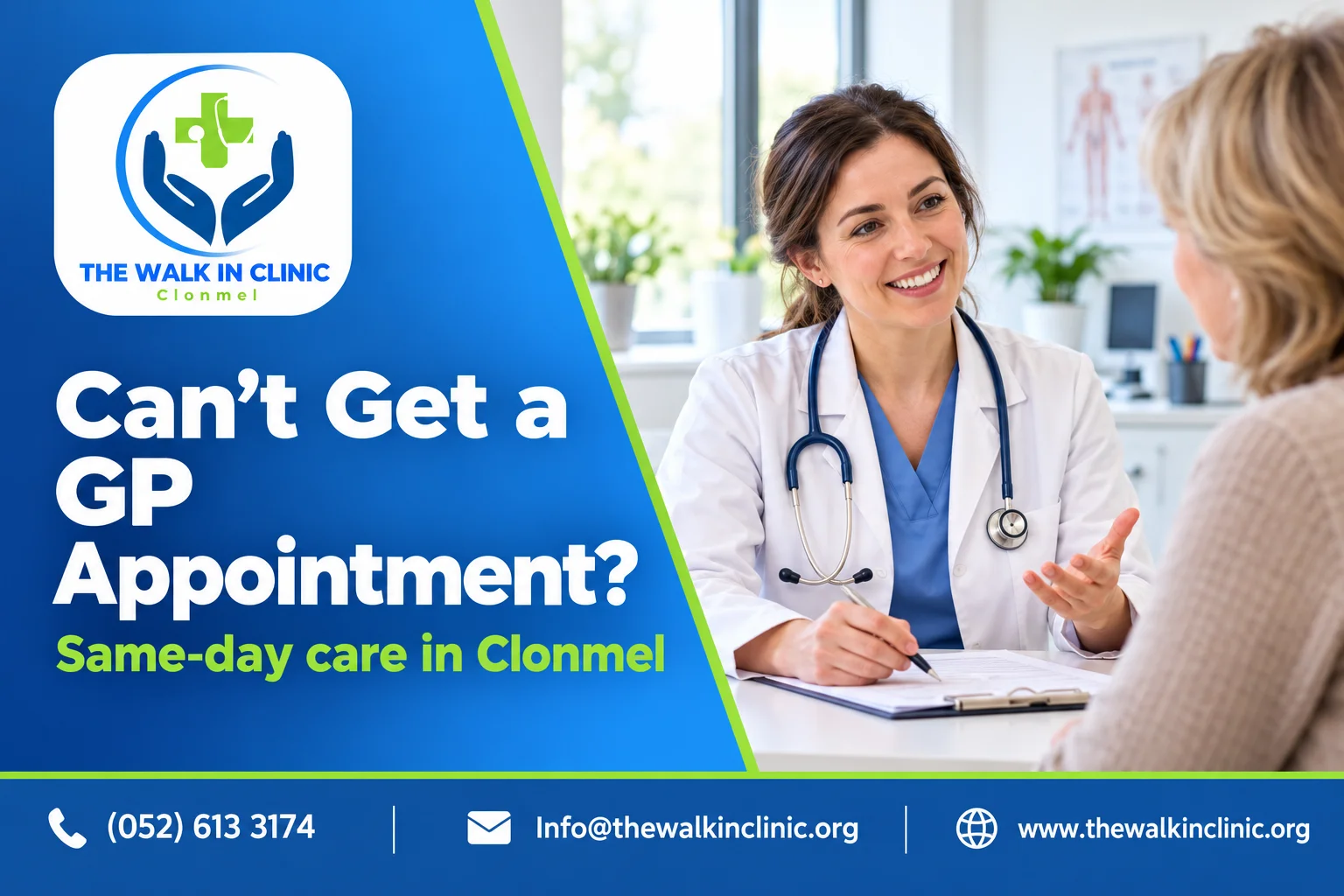 Friendly doctor consulting with a patient at The Walk In Clinic, highlighting same-day healthcare options in Clonmel, Ireland.