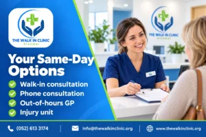 Receptionist welcoming a patient at a modern clinic, illustrating walk-in consultations, phone consultations and same-day medical care options in Clonmel.