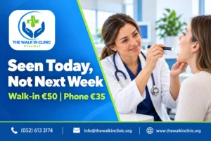 Female doctor examining a patient's throat during a medical consultation, promoting accessible walk-in healthcare in Clonmel.
